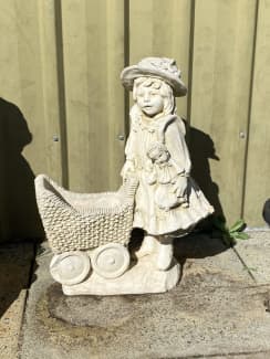 Girl with Flower Basket on Bench  Statue, Bunny statue, Concrete