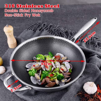 Non Stick Double Sided Honeycomb Cooking Frying Pan Wok Stainless Steel +  Lid