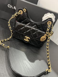 Mini box bag, Shiny calfskin & gold-tone metal , black — Fashion
