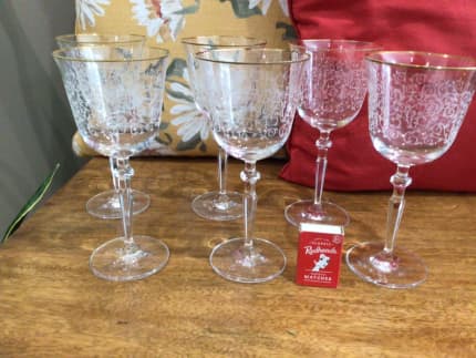 5 Vintage Acid Etched Crystal Water Goblet Wine Glasses, Fostoria