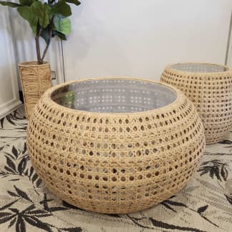 rattan round coffee table with glass top