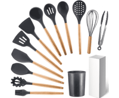 12/16Pcs Kitchen Silicone Cooking Utensil Set Black Wooden Spoons