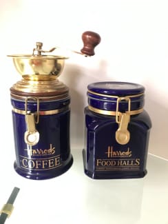 Harrods HARRODS KNIGHTSBRIDGE LONDON COFFEE GRINDER STORAGE BLUE JAR GOLD LETTERING 