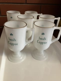 Milk Glass Pedestal Irish Coffee Mugs / Gold Rim Milk Glass/ 