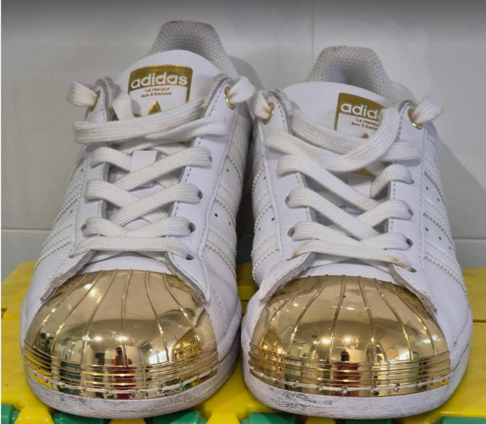 Womens Adidas metal toe white gold metallic sneakers worn twice