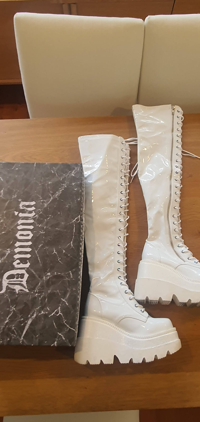 Lace Up White Patent Thigh High Boots Beige Patent Leather Peep