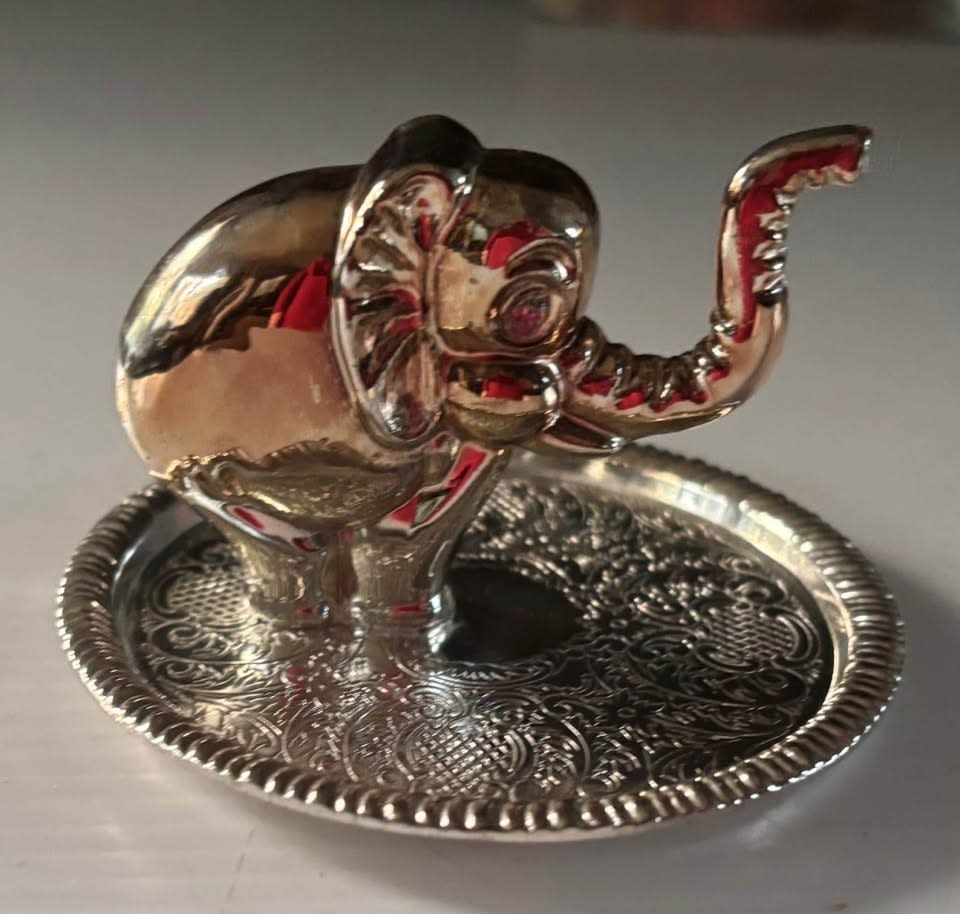 Vintage Metal Elephant Ring Holder Trunk Up Decorative