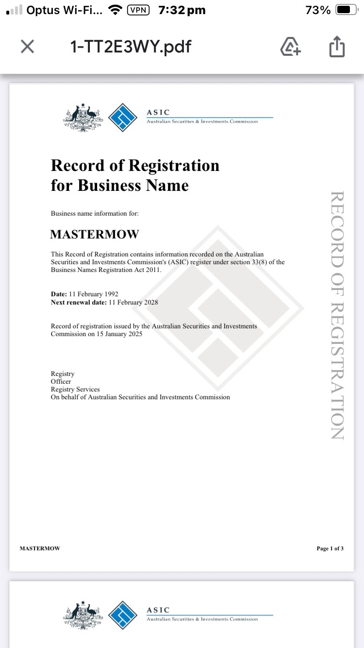 Asic Business Registration Certificate MASTERMOW Business License
