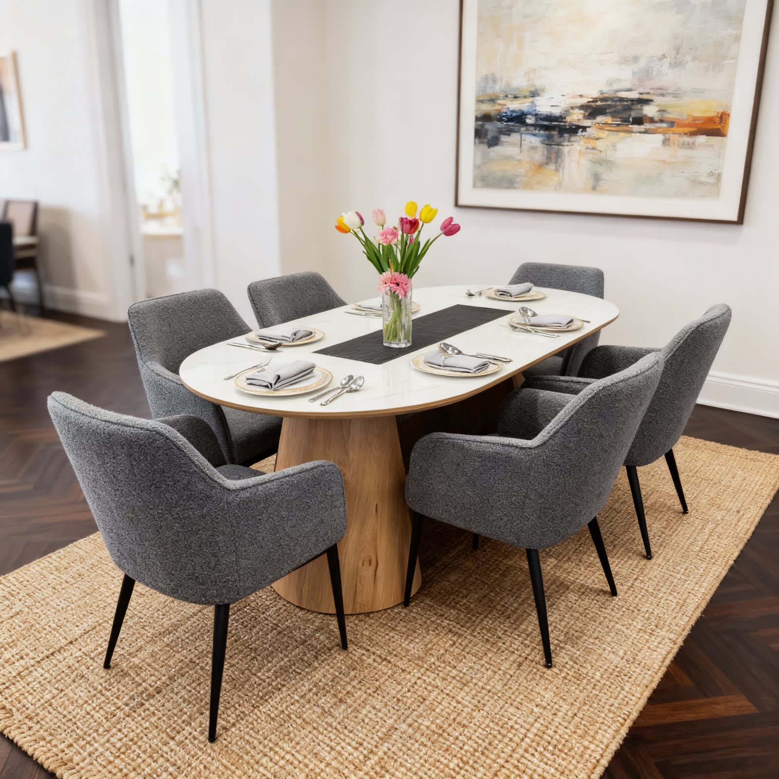 NEW ARRIVAL! HAYDEN Oval Dining Table LEIA Grey Boucle