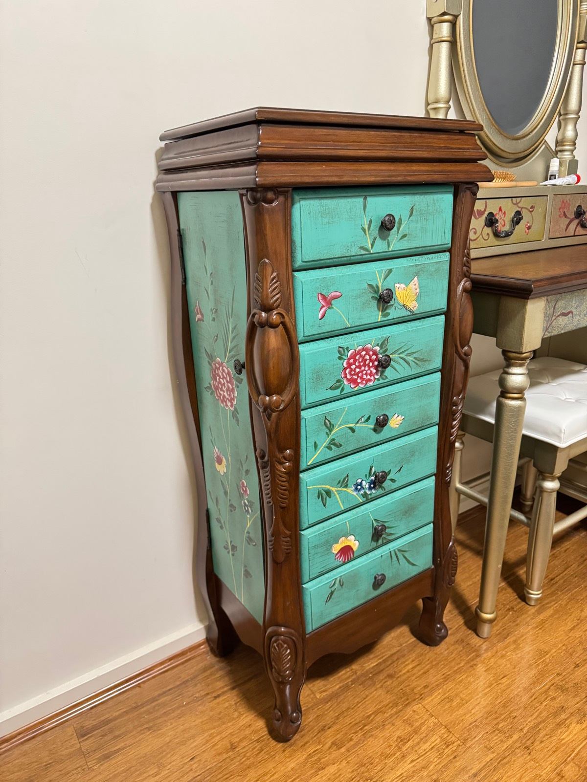 Vintage Style Hand-Painted Jewellery Cabinet Tallboy with Mirror