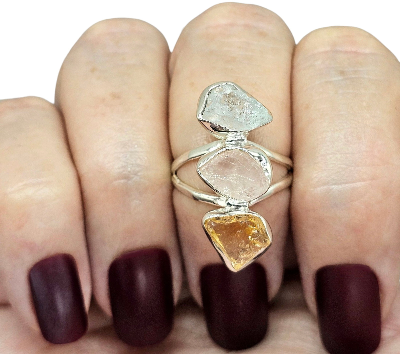 Raw Aquamarine, Rose Quartz Citrine Ring, Size 7, Sterling