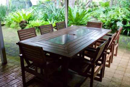 Outdoor dining hardwood table setting 8 PC with marble inserts