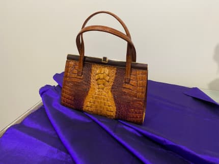 Stunning Brown & Tan 1960's Hornback CROCODILE Skin Handbag