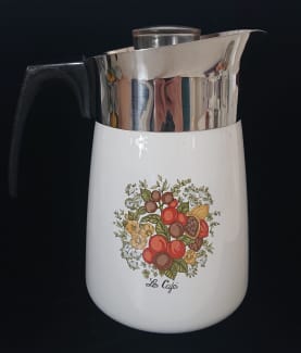 Vintage Retro Corning Ware 10-Cup Enamel Stovetop Coffee Percolator /  Coffee Maker / Coffee Pot Spice of Life Le Cafe P-149