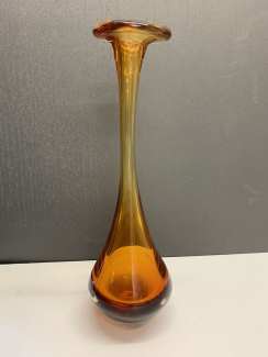 Amber Glass Tall Finger Vase 33cm H. Perfect condition