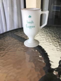 3 Vintage Irish Coffee Shamrock Pedestal Mugs Milk Glass