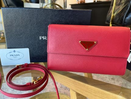 PRADA Medium Saffiano Leather Double Bag Black/ Fiery Red Authentic