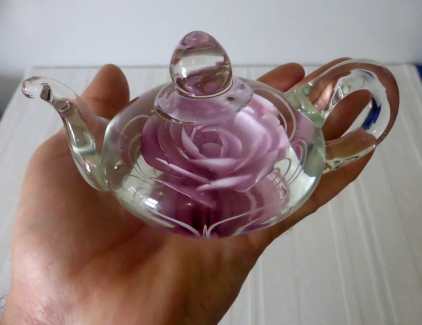 Vintage Handblown Encased Pink sale Rose Teapot Paperweight