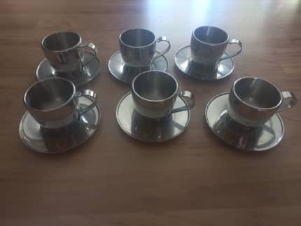 Metal Espresso Coffee Cups with Saucers, Set of 6, Casalinghi Italian  Design, Stainless Steel Kitchen Decor