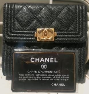 Chanel Quilted Boy Medium Trifold Flap Wallet Black Lambskin Aged Gold  Hardware