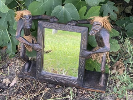 African Primitive Tribal Men Tiki Folk cheapest Art Wood Carving Two Statues with Mirror