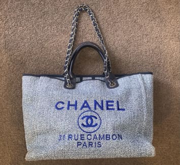 FWRD Renew Chanel Deauville MM Canvas Chain Tote Bag in Grey