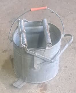 Vintage galvanized tin metal Wash Bucket Metal Mop Wringer Wood Roller