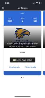 Eagles v Essendon 2 x tickets 