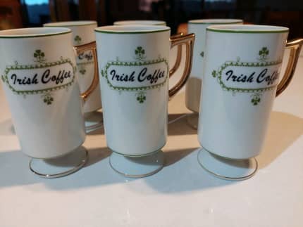 Pair of Vintage Irish Coffee Mugs Pedestal Green Trim & Recipe For Irish  Coffee
